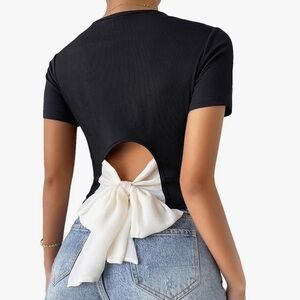 Black Top with Cream Bow Accent